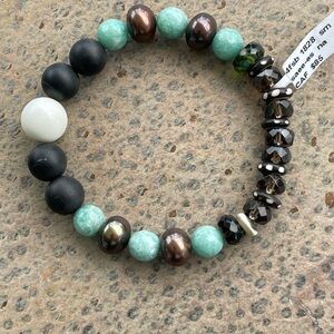 Elegant One of a kind Beaded Bracelet with Black, White, and Green Accents 6.5”